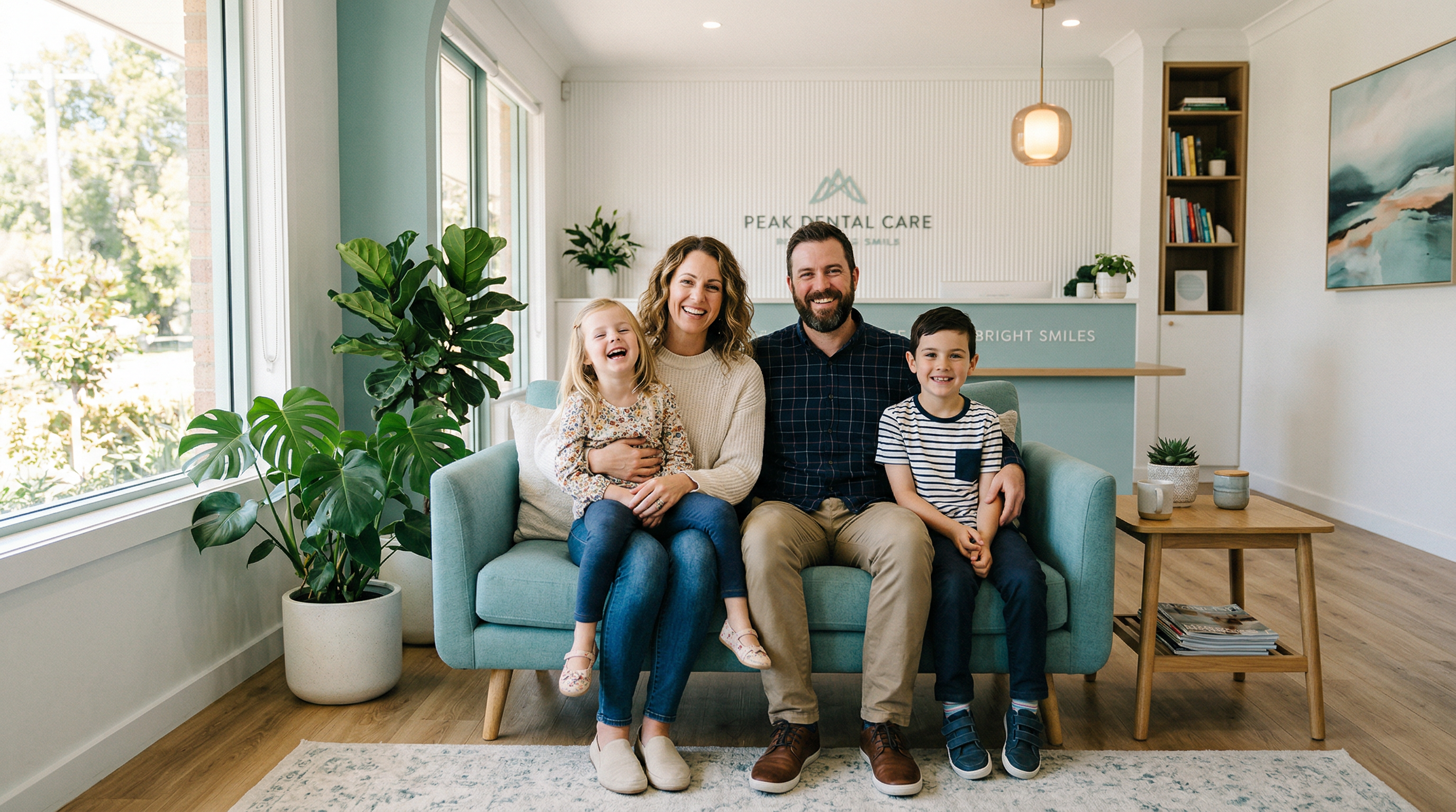 Happy family with children in the bright, welcoming lobby at Tooher Family Dental
